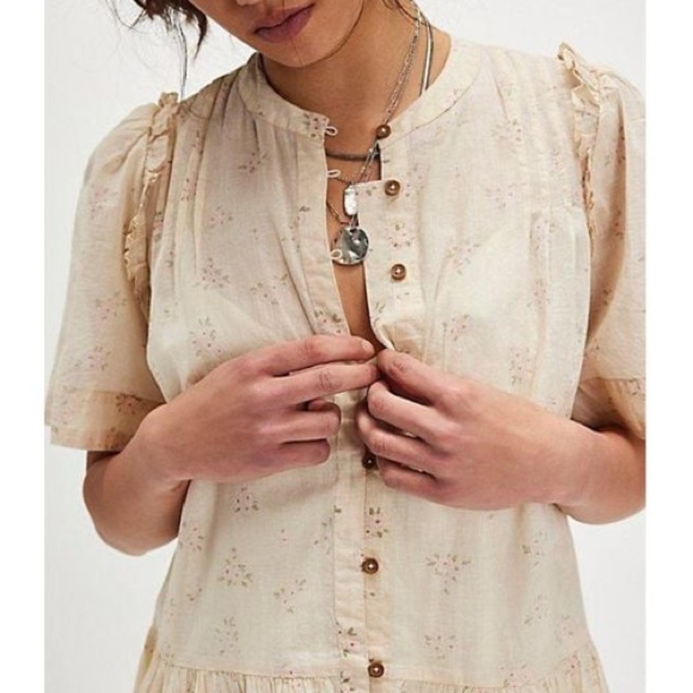 Free People Cottagecore Prairie Boho Oversized 70s Cotton Puff Sleeve Dress XS - Picture 3 of 16